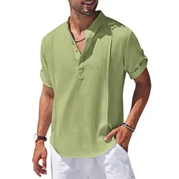 2023 Novos homens de linho, camisa de Henry casual, praia hippie camisa de manga Curta T-shirt botão para baixo de cor sólida