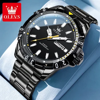 OLEVS Preto Clássico Relógio de Quartzo para Homens de Aço Inoxidável de Esportes Impermeável Luminosa Semana Date Mens Relógios Relógio Masculino