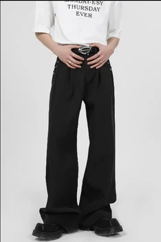 2023 Nova Moda nicho de Metal Design Sentido Terno de Calça masculina em linha Reta do Tubo Solto Wide Leg Pants Alto Grau de Andar Varrendo Casual P