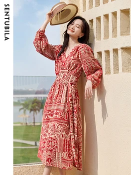 Sentubila Mulher V-pescoço Vermelho de Chiffon Impresso Vestidos de 2023 Outono de Cintura Alta com cinto de Manga Longa, Midi Férias Vestido 133L50525
