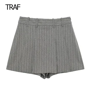TRAF Shorts Listrado Culotte Mulheres de Verão, a Saia Shorts 2023 Meados de Cintura Carga Calças Largas Elegante das Mulheres de Saia Curta Novidades
