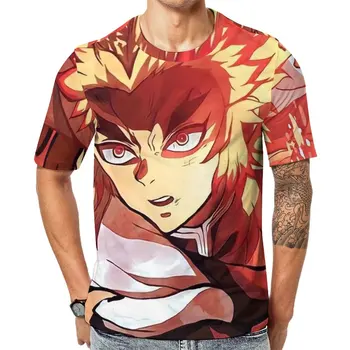 Demon Slayer T-Shirt Rengoku Kyojuro Anime Harajuku T-Shirts Masculinas Básica Camiseta Praia De Mangas Curtas Personalizadas De Roupas Plus Size
