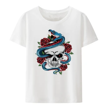 Criativo Crânio e Cobra Impressão Tees Homens Mulheres da Moda Respirável Gráfico T-Shirts de Verão Humor Confortável, Moderno Y2k Tops