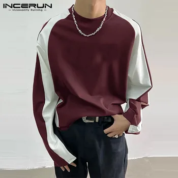 INCERUN 2023 Homens T-Shirt de Retalhos O-pescoço Longo da Luva de Streetwear coreano Estilo Casual Tee Tops Elegante Solta de Lazer, os Homens de Roupas