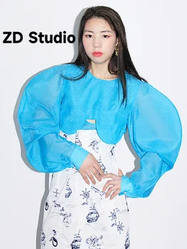 [ZD Studio] Mulheres Azul Ocos Blusa Nova Lapela de Manga Longa de Ajuste Solto Camisa Primavera, Outono 2023