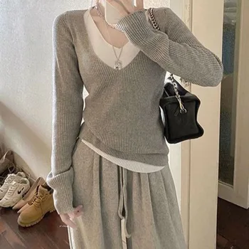Long Sleeve T-shirts Mulheres 2023 Outono coreano Moda Sexy V-pescoço de Malha Tee Blusa Vintage Casual Simples Camisola 