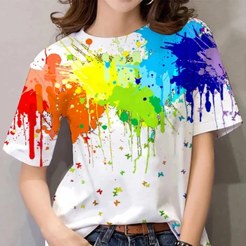 Moda das Mulheres Blusa Colorida Graffiti Imprimir Streetwear Tees 3D camisetas Casuais Solta Resumo de Manga Curta Para as Mulheres