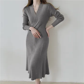 BULOCHOVA Drop Shipping Sólido de Malha Magro Vestido Longo Para as Mulheres de Outono E de Inverno, Moda de Decote em V Cintura Alta Camisola de Vestidos de 2023