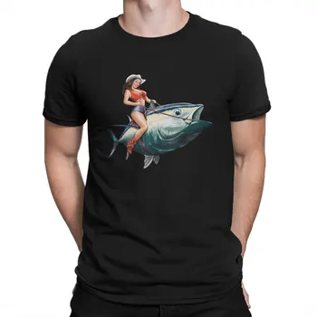 Engraçado Piloto de Pesca PinUp Girl T-Shirts para os Homens Gola Redonda Algodão T-Shirt de Atum Manga Curta Tees Clássico Vestuário