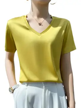 Alta qualidade mulher elegante e minimalista de cetim T-shirt,o office senhora Elegante casual decote em V da camisa plus size tops