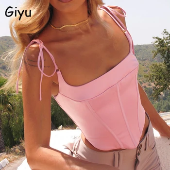 Giyu Sexy Espartilho De Cetim Crop Tops Mulheres Camis Verão De Espaguete Fita Para O Laço Sem Encosto-De-Rosa Camisole Elegante Blusas Femininas