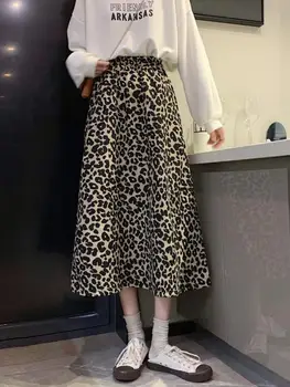 Mulheres de Verão de Nova Versátil Slim Edição Alta Saco da Cintura Quadril Meados de comprimento Elegante Leopard Guarda-chuva Saia coreano Retro de Uma linha de Saia