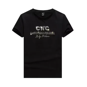 Homens CNC Homens T-shirt High-end Quente Diamante Letras Branco Casual Manga Curta T-shirt de Algodão Mercerizado Magro Pescoço Redondo
