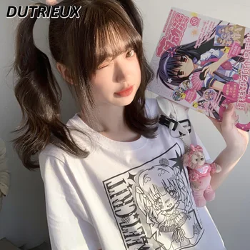 Doce japonês Branco Solta em torno do Pescoço T-shirt Manga Curta Mulheres Tops Femininos Macio Menina Bonito dos desenhos animados Gráfico T-Shirts de Verão Tees