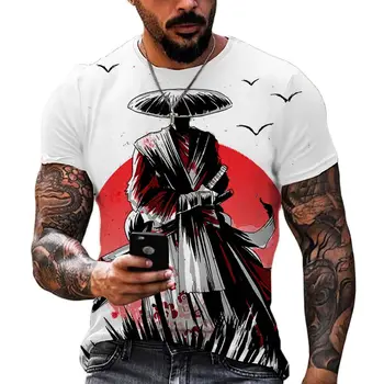 Homens Vintage Samurai T-shirt 3D em Estilo Japonês Impresso Short Sleeve Top de Hip Hop, Street Fashion T-shirt masculina Plus Size