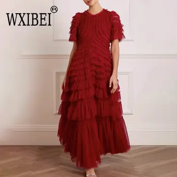 WXIBEI Verão Pista de Malha de Emenda de Moda de Vestido das Mulheres de 2023 Nova V-pescoço Babados de Manga Curta Vermelha Vintage Vestidos de Noite FC650
