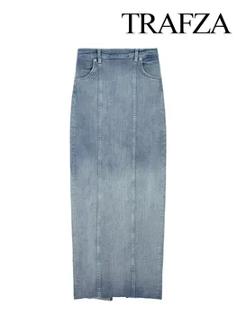 TRAFZA de Moda as Mulheres Jeans de Cintura Alta Costura Saias Longas Feminino Streetwear Vintage Azul Gradiente de Design de Bolso Magro Saia