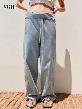 VGH patchwork cordão de jeans chão comprimento de calças para as mulheres de cintura alta sólidas soltas de perna larga calças da moda feminina estilo novo