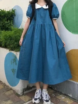 HOUZHOU Kawaii Vestido Azul de Mulheres de Verão Doce Mauricinho Estilo de Gola Peter Pan de Manga Curta, Midi Vestidos Elegantes Casual Patchwork