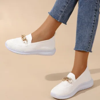 As mulheres da Cadeia de Flats para as Mulheres do Dedo do pé Redondo Escorregar no Casuais Sapatos de Tecido Flats Respirável, Confortável Calçado tênis branco mulheres