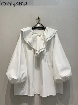 Japonês Laço Arco Camisas, Blusas Duplo Blusas De Babados Mujer Lanterna Camisas De Manga Longa Outono 2023 Camisa Solta Tops