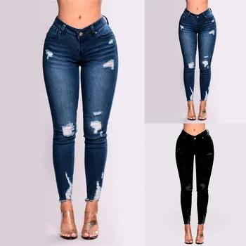 Moldar A Calça Jeans Skinny, As Mulheres De Cintura Alta Trecho Ripped Jeans, Calças De Elástico Angustiado Emagrecimento Calças Destruído Ripped Jeans