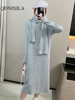 Mulheres Vestidos de 2023 Coreia do Inverno de Novo na Moda Mangas Lenço Preguiçoso Pescoço Redondo Poço Listrado Sólido Vestido de Camisola Vestuário de Mulher