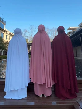 Ramadã, Eid Com Capuz Abaya Vestido+Jilbab 2 Peças De Conjunto Muçulmano Oração Roupa Jilbab Mulheres De Longa Khimar Hijab Dubai Burca Islâmica Kaftan