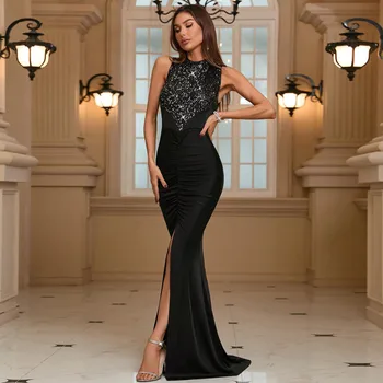 SKMY Luxo das Mulheres Vestido de Noite Populares Preto Slim Fit Sequin Envolto Hip-Vestido de Festa em Europa e América 2023
