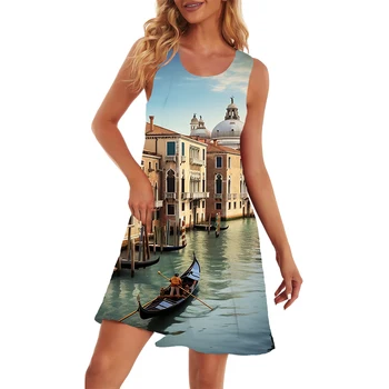 Exterior Casual Senhoras sem Mangas Vestido de Água da Cidade de Impressão 3D Vestido de Moda Requintado Vestido de Gola Redonda Solto Vestido Confortável