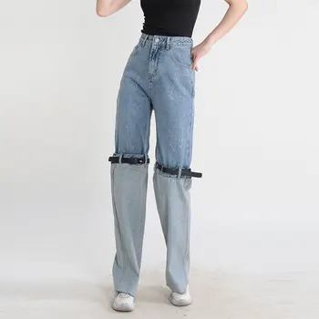 2023 nova cor da moda design de contraste de sentido slim joelho emenda de correia de design de perna reta de cintura alta contraste de cor jeans e pan