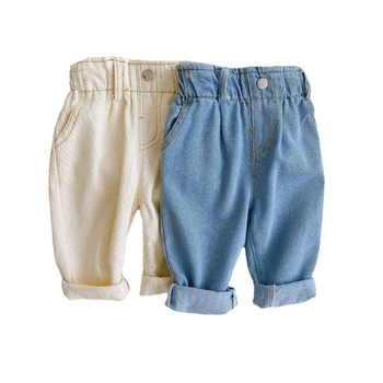 Bebê Jeans 2023 Novo Outono Meninas coreano Cintura Alta Casual Calças de Cor Sólida Meninos Soltos Jeans 0-4Y da Criança de Jeans, Calças