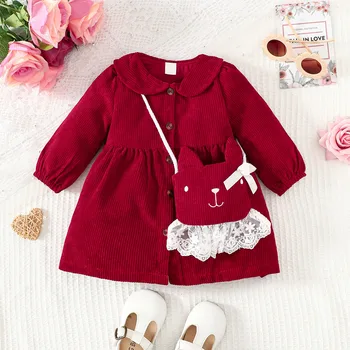 Outono e inverno menina bonito lapela boneca gola de tricô vinho botão vermelho de Veludo estilo de colégio de manga longa vestido+pequeno backp