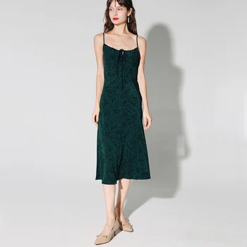 Mulheres Empate Cadeia de Frente Verde Escuro Floral Impressão de Uma linha de Vestido Midi Com Franzido Detalhe Florido V234