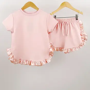 Criança infantil Bebê Roupas de meninas Conjuntos de Moda manga Curta-O-T-shirt com Decote Top + Calça Curta de Verão, Roupas de Recém-nascido
