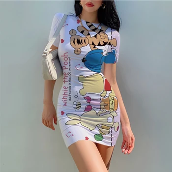 Disney mulher manga curta apertada vestido, com uma sexy e elegante mini hip-wrap saia com a caricatura 3D de impressão,