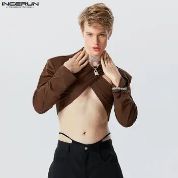 INCERUN Tops 2023 Homens Bonitos Sexy Oco Correias Cruz Blusa Elegante Masculino Sólido de Todos-jogo Cropped de Manga comprida Camisas S-5XL