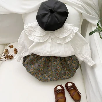 2023 Outono de Bebê, Roupas de Bebê Bonito Laço de Blusa +Floral Bloomer Terno de Meninas Outwear 2PCS