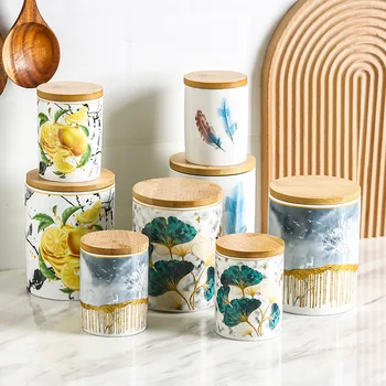 Cerâmica selado pote Nórdicos pote de café chá de panela com tampa de madeira de frutas secas armazenamento de alimentos caixa de cozinha tanque de armazenamento