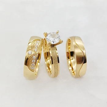 Luxo Coroa Amantes 3pcs de Casamento Noivado de Noiva Anéis de Conjuntos de Casais Cônjuge Parceiro Banhado a Ouro de 24k de Titânio Jóia de Aço