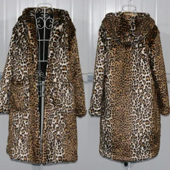 Leopardo Impressão de Peles Artificiais as Mulheres Casacos de Inverno, de comprimento Médio com Capuz Falso Leite Pêlo Espesso Casaco Quente 6XL 7XL Plus Size Outwear XF759