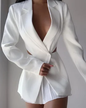 Mulheres Jaqueta de Terno Branco de Cintura decote em V Gola do Terno Único Botão Magro, de Cintura Alta E Manga Longa Suburbano Temperamento Elegante
